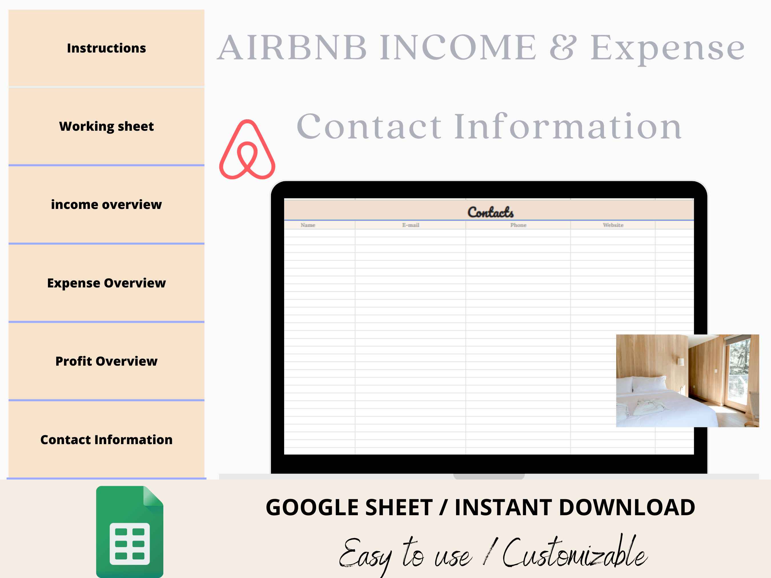 Customizable Airbnb Income & Expense Google Sheets